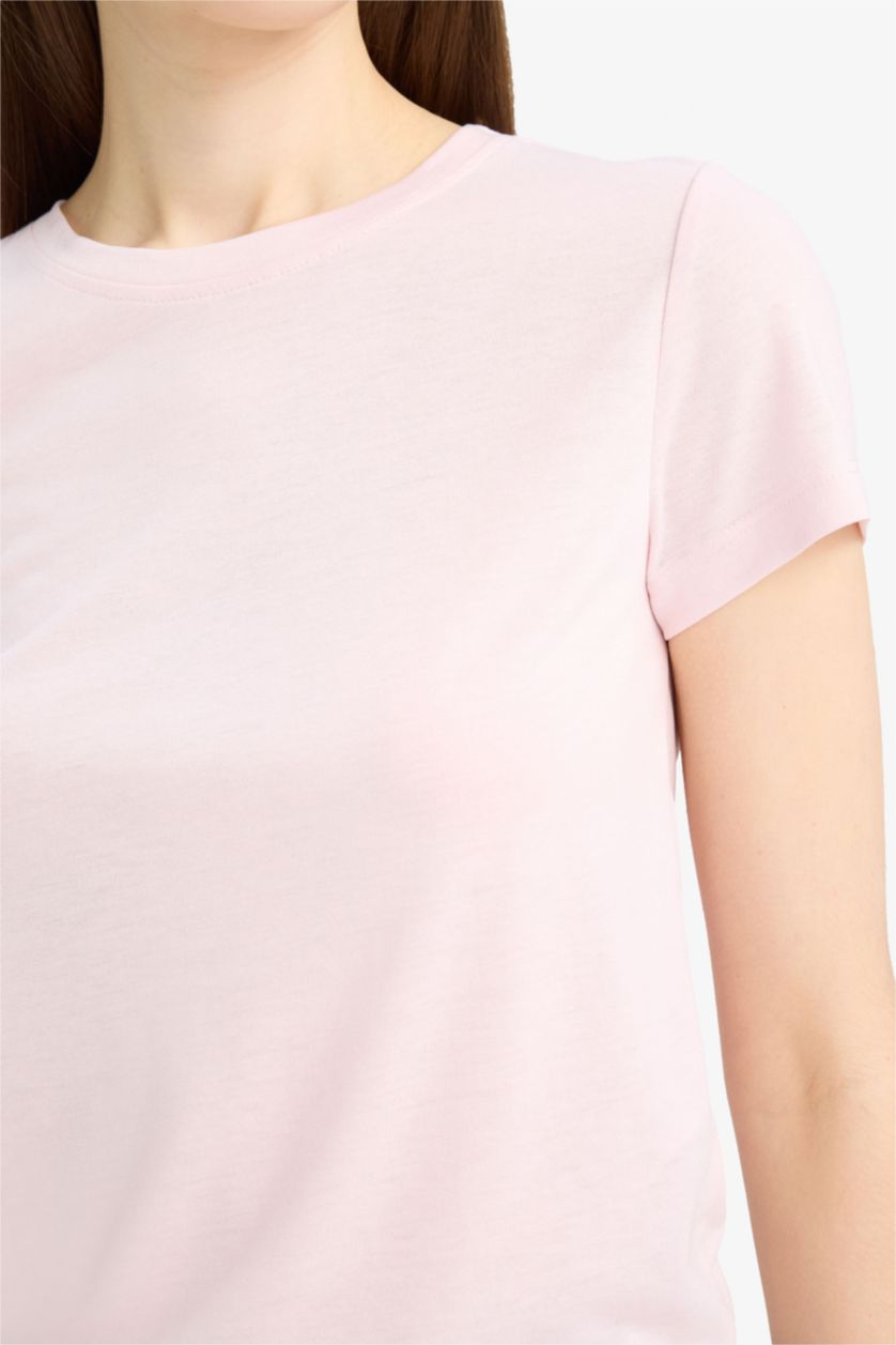 Woman Light Pink Fitted Crew Neck Basic Short Sleeve T-Shirt