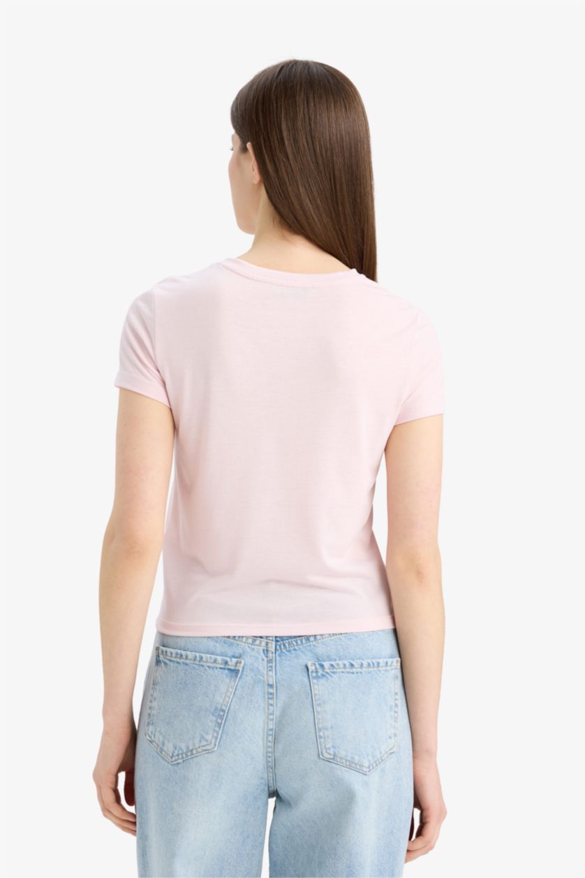 Woman Light Pink Fitted Crew Neck Basic Short Sleeve T-Shirt
