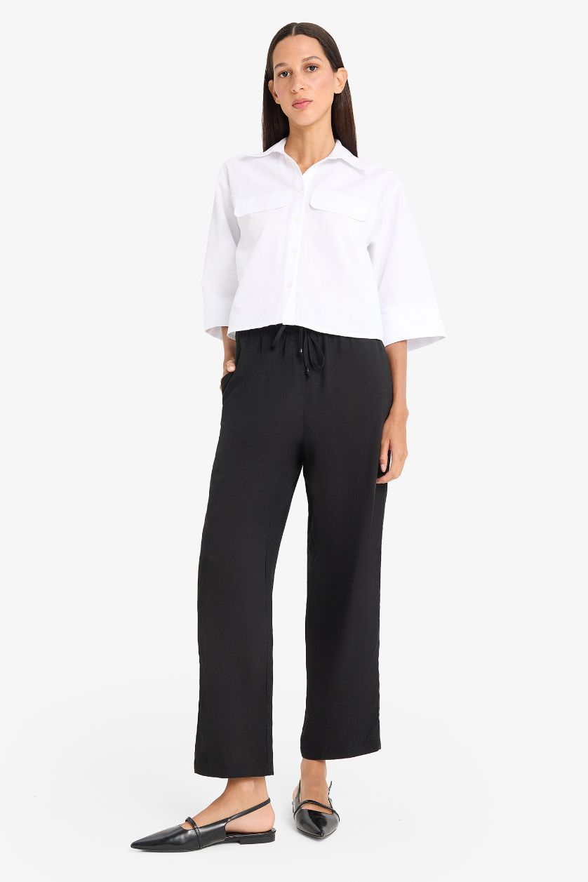 WOMAN Black Carrot Fit Elastic Waist Midi Linen Blend Trousers