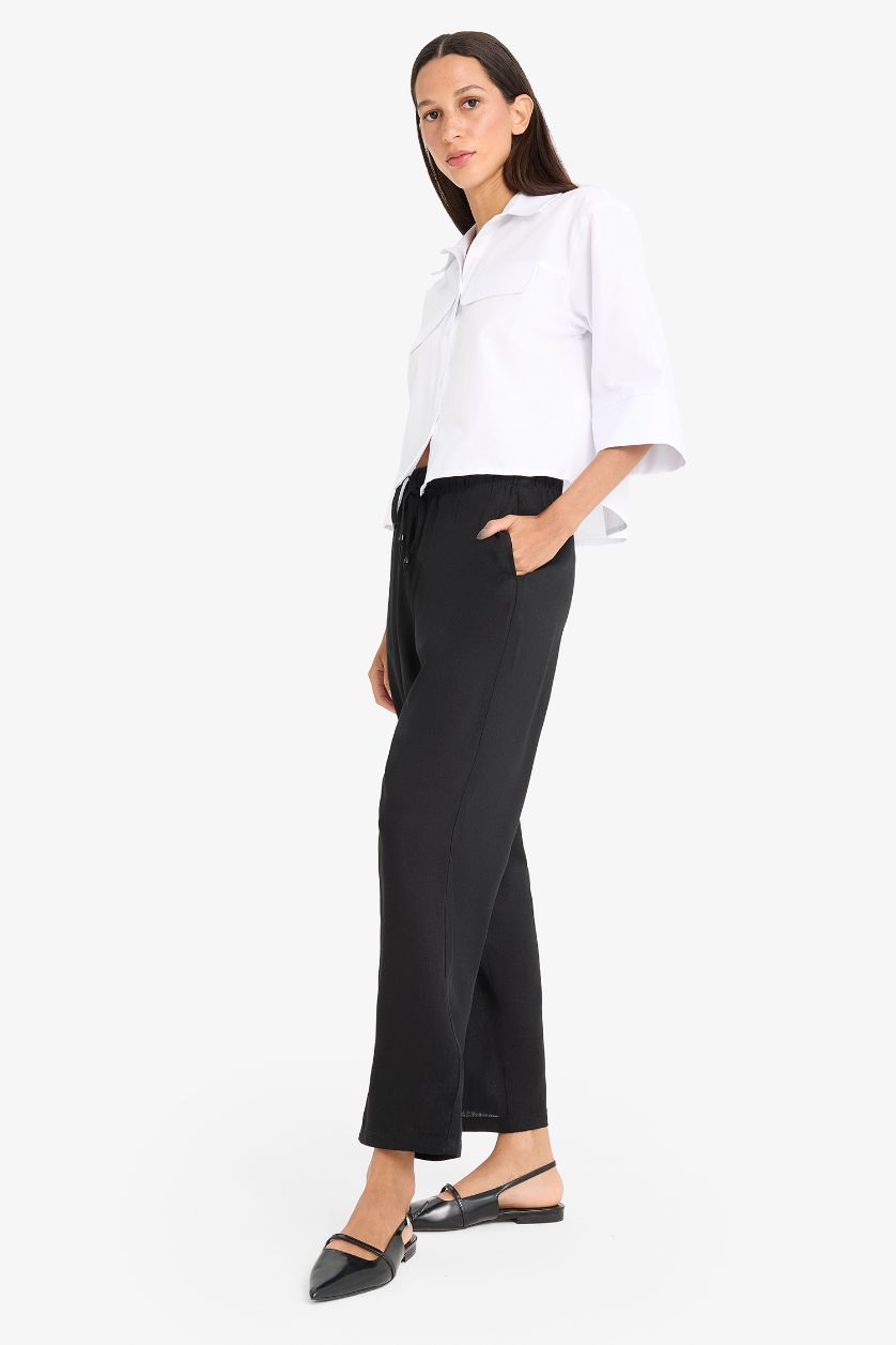 WOMAN Black Carrot Fit Elastic Waist Midi Linen Blend Trousers