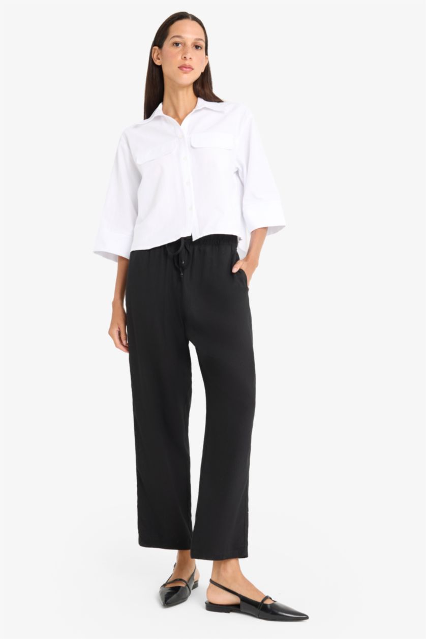 WOMAN Black Carrot Fit Elastic Waist Midi Linen Blend Trousers