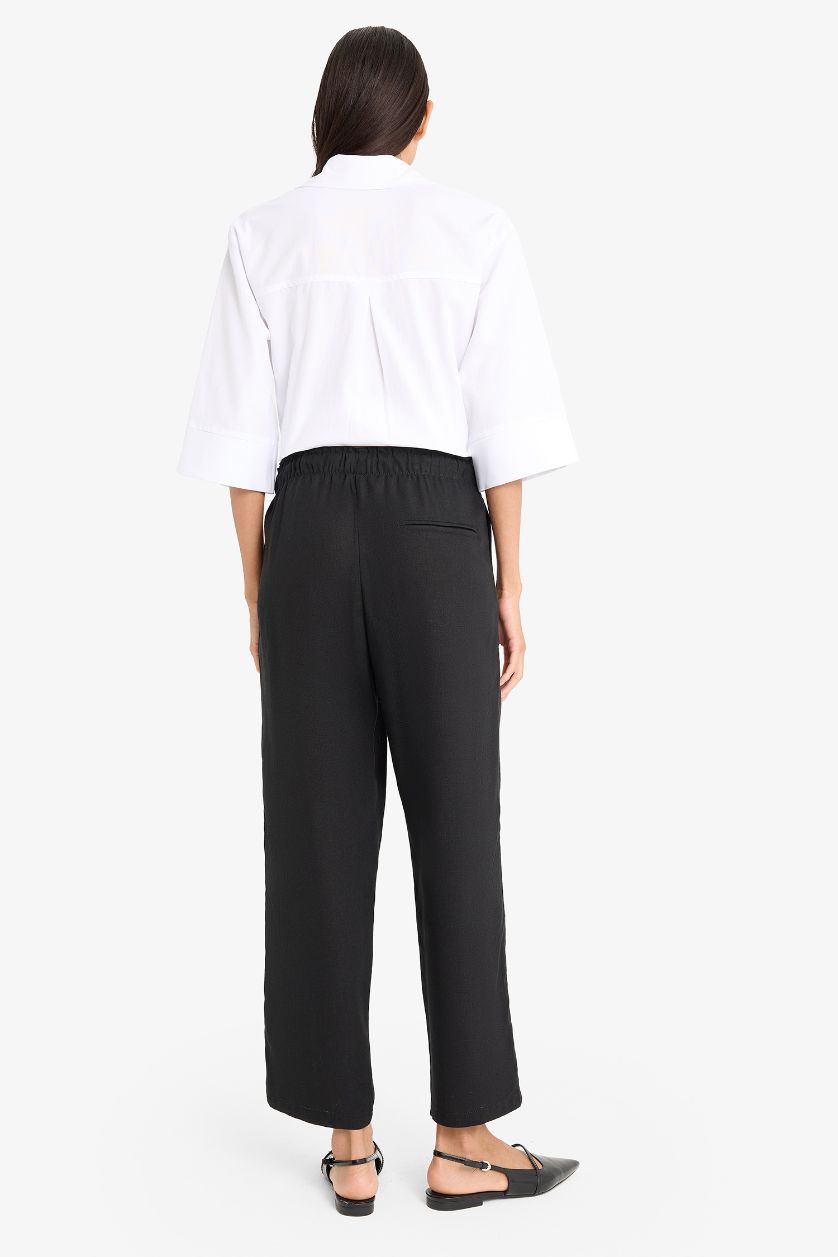 WOMAN Black Carrot Fit Elastic Waist Midi Linen Blend Trousers