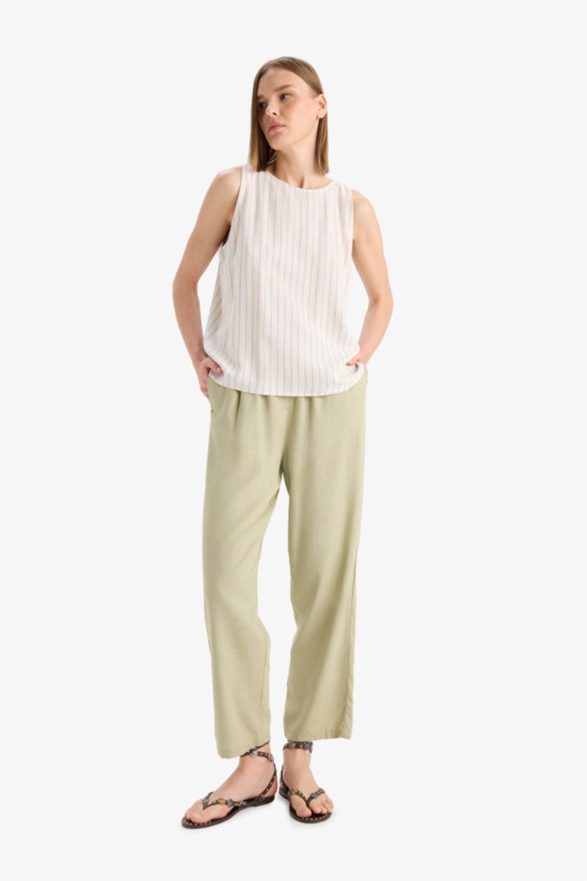 WOMAN Light Khaki Carrot Fit Elastic Waist Midi Linen Blend Trousers