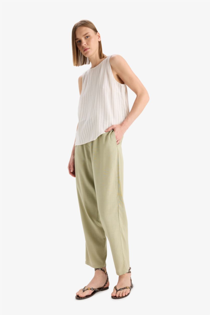 WOMAN Light Khaki Carrot Fit Elastic Waist Midi Linen Blend Trousers
