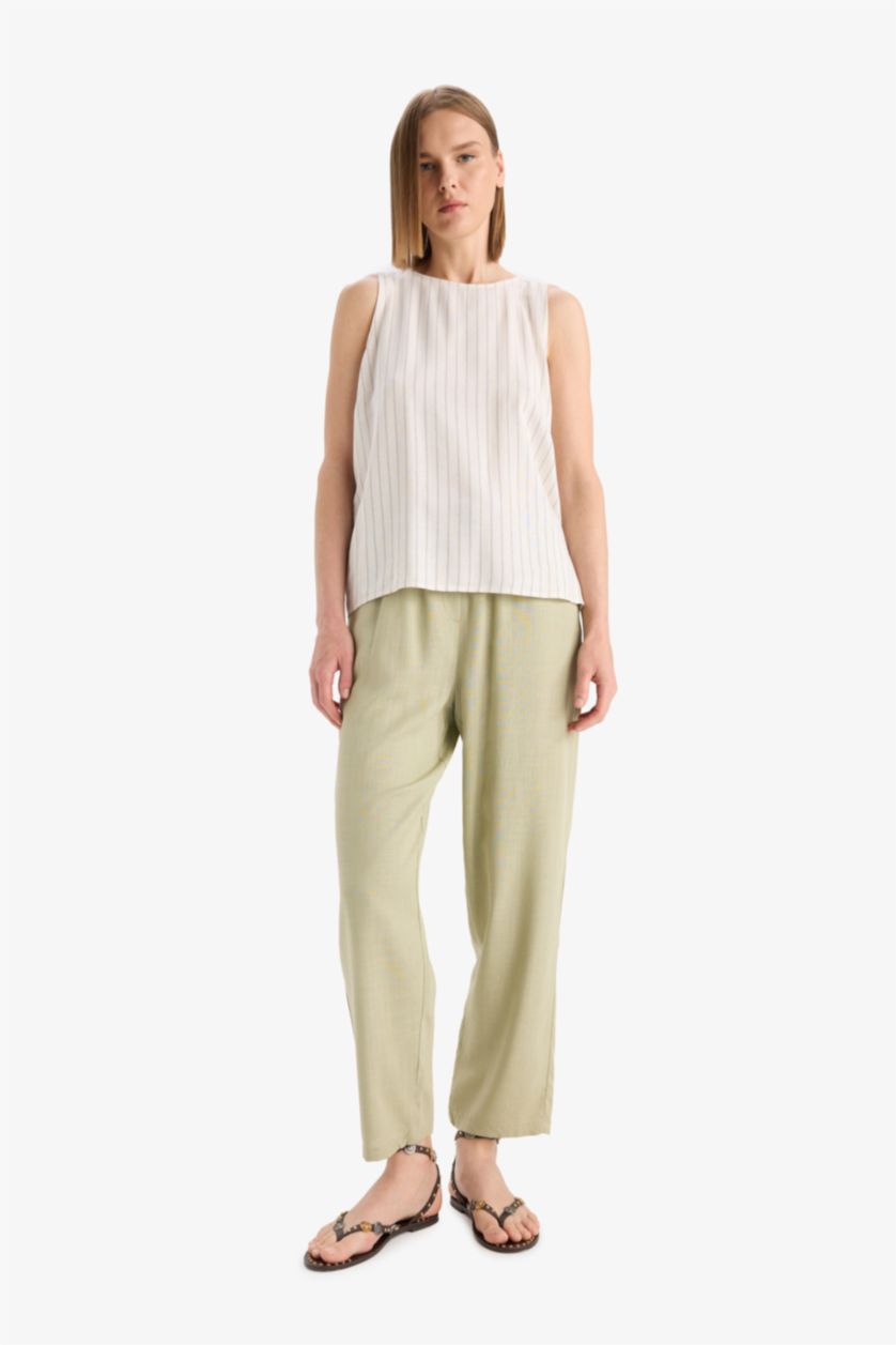 WOMAN Light Khaki Carrot Fit Elastic Waist Midi Linen Blend Trousers