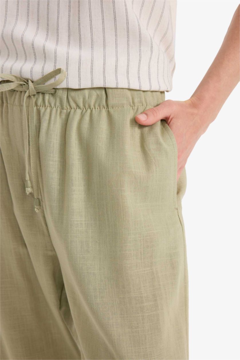 WOMAN Light Khaki Carrot Fit Elastic Waist Midi Linen Blend Trousers