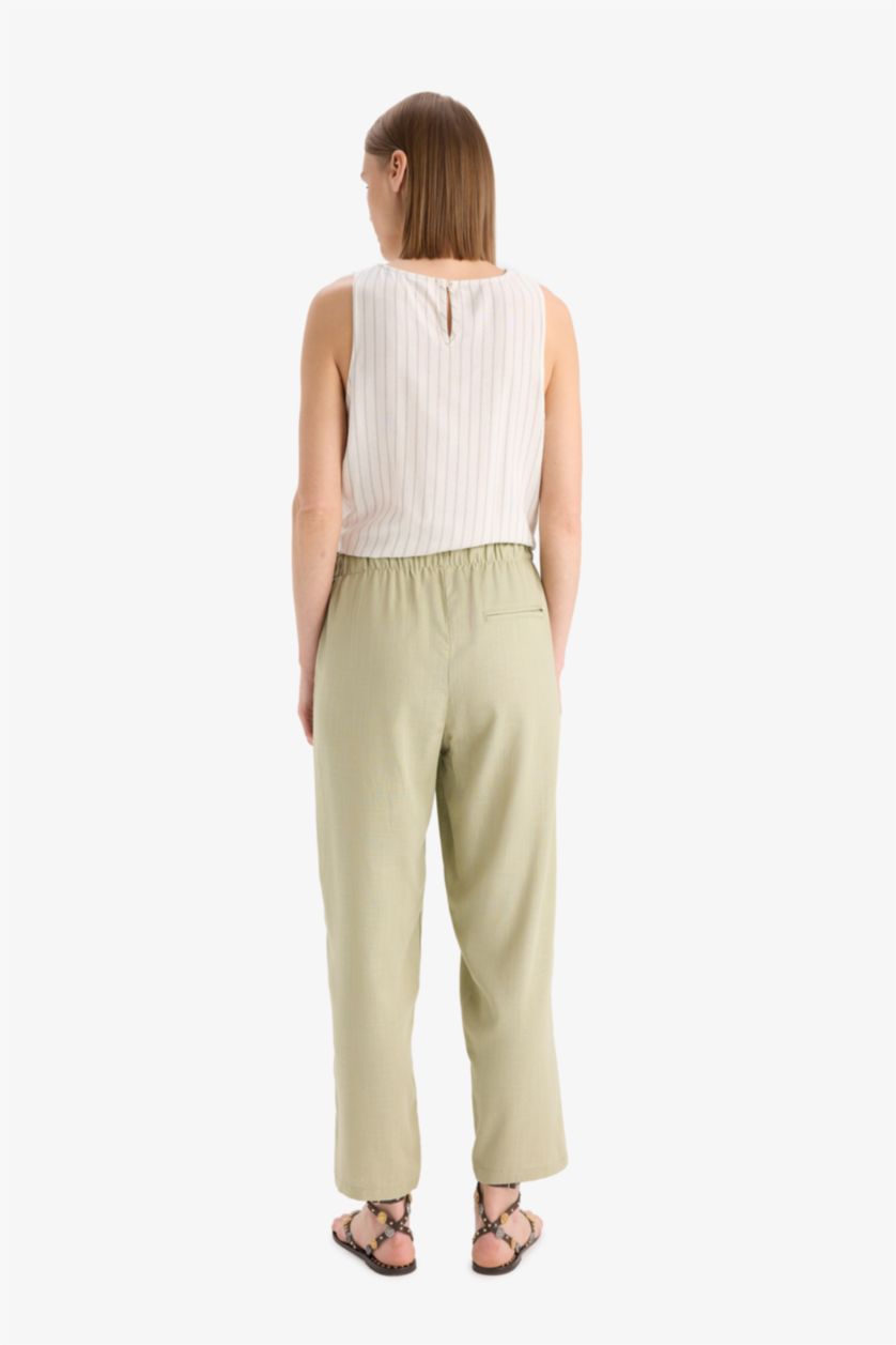 WOMAN Light Khaki Carrot Fit Elastic Waist Midi Linen Blend Trousers