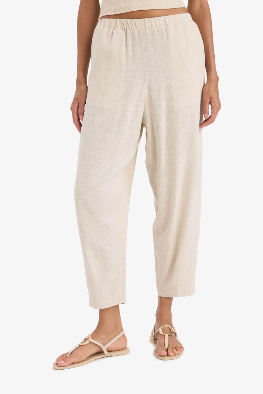 FEMME Beige Pantalon en lin mélangé à taille élastique Coupe carrotte