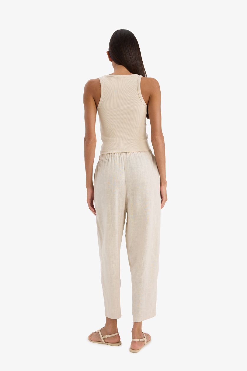 FEMME Beige Pantalon en lin mélangé à taille élastique Coupe carrotte
