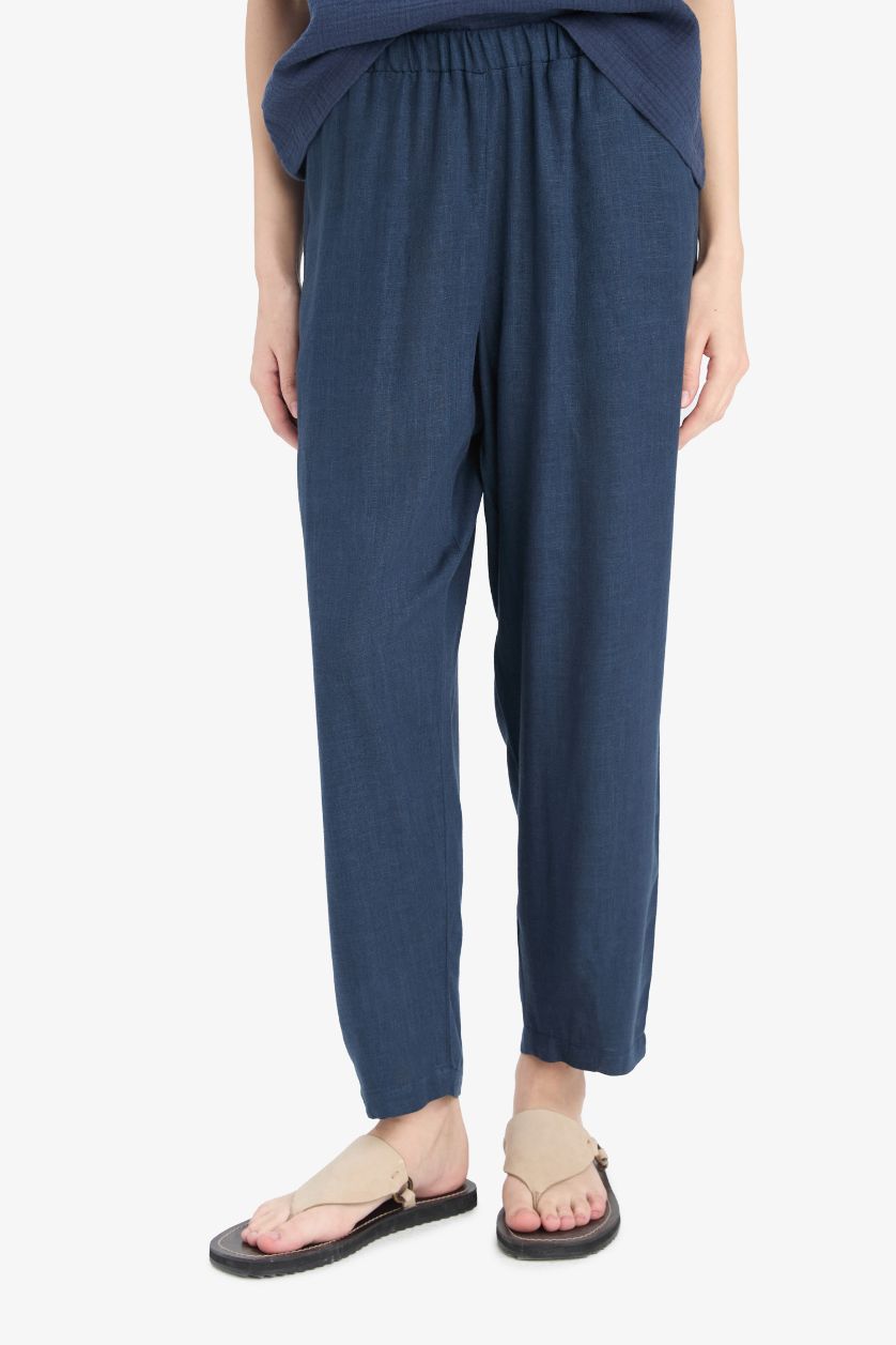 WOMAN NAVY Carrot Fit Elastic Waist Midi Linen Blend Trousers