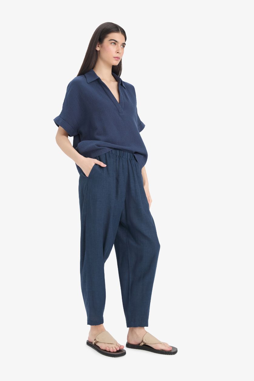 WOMAN NAVY Carrot Fit Elastic Waist Midi Linen Blend Trousers