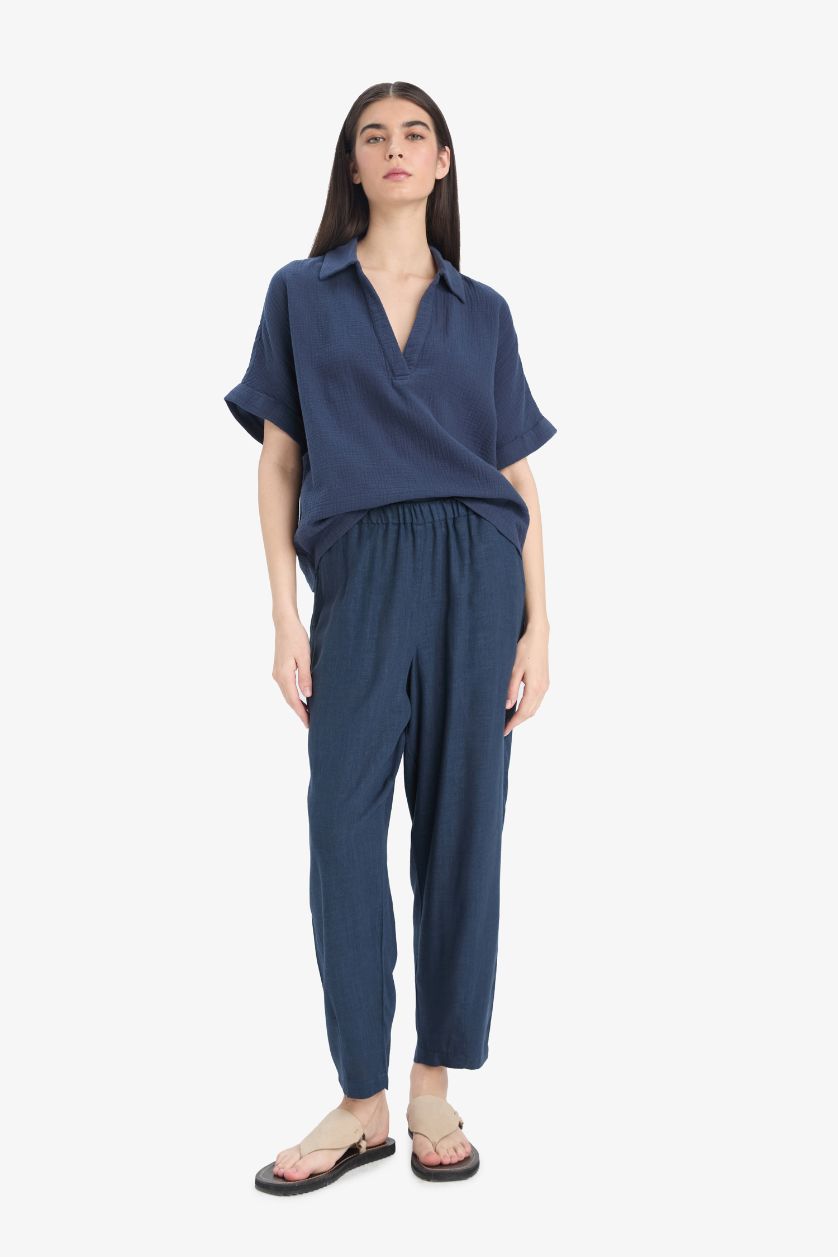 WOMAN NAVY Carrot Fit Elastic Waist Midi Linen Blend Trousers