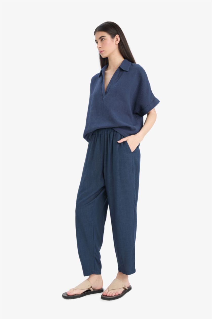 WOMAN NAVY Carrot Fit Elastic Waist Midi Linen Blend Trousers