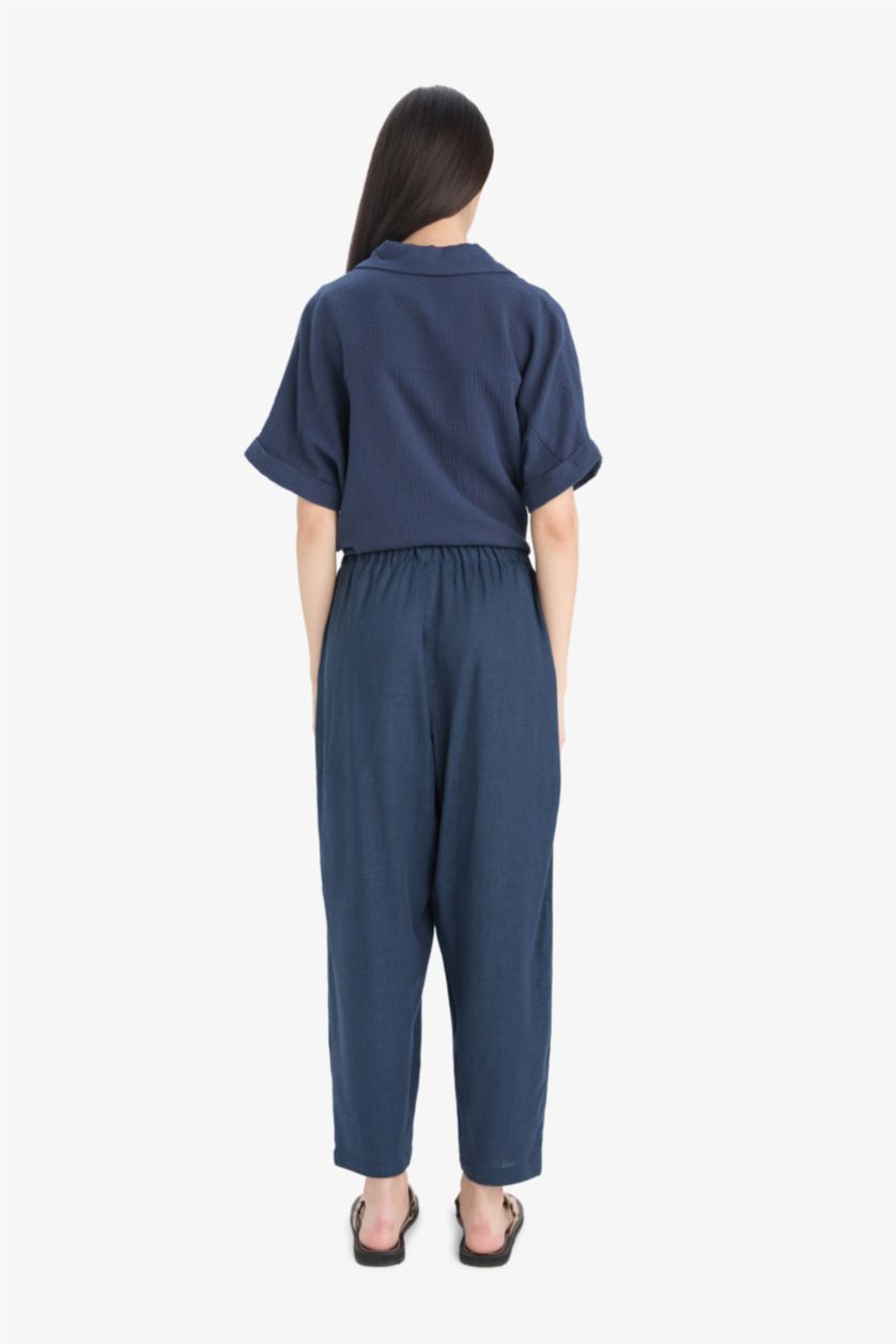 WOMAN NAVY Carrot Fit Elastic Waist Midi Linen Blend Trousers