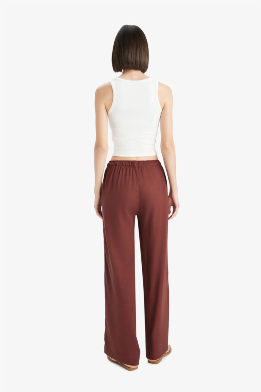 Kadın Bordo Straıght Fıt Çift Cepli Kısa Boy Keten Karışımlı Pantolon