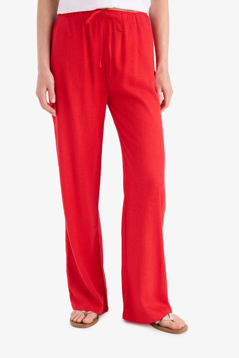 WOMAN Red Straight Fit Double Pocket Linen Blended Trousers