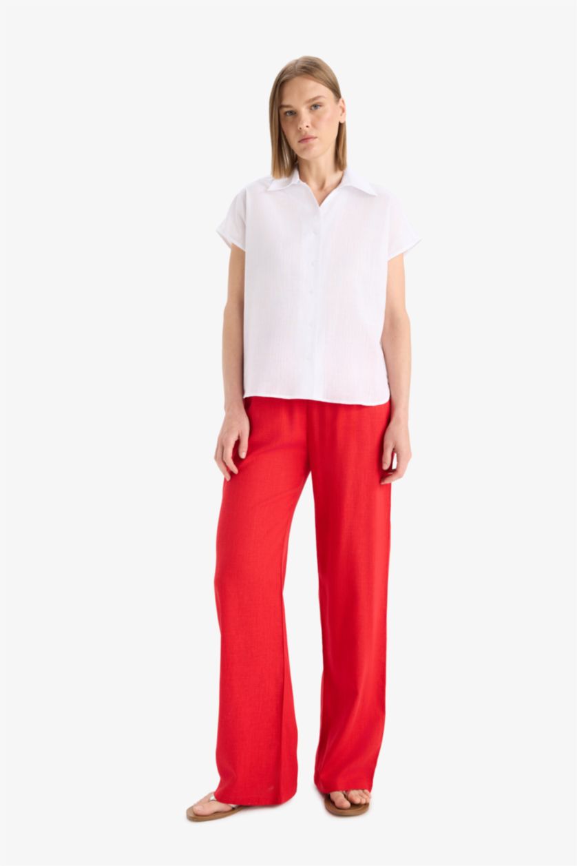 WOMAN Red Straight Fit Double Pocket Linen Blended Trousers
