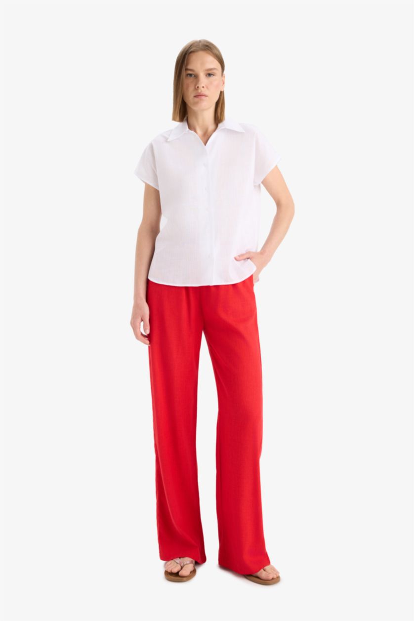 WOMAN Red Straight Fit Double Pocket Linen Blended Trousers