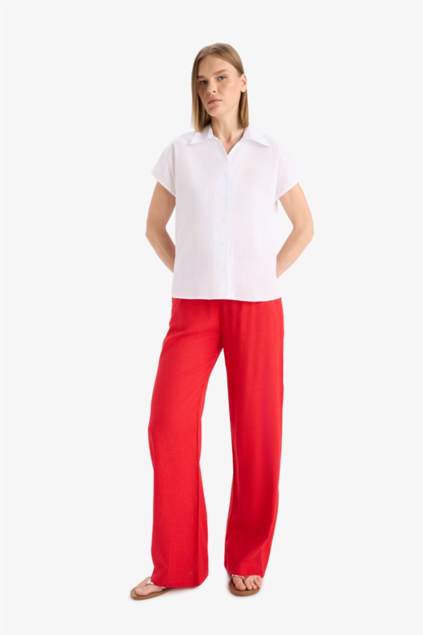 WOMAN Red Straight Fit Double Pocket Linen Blended Trousers