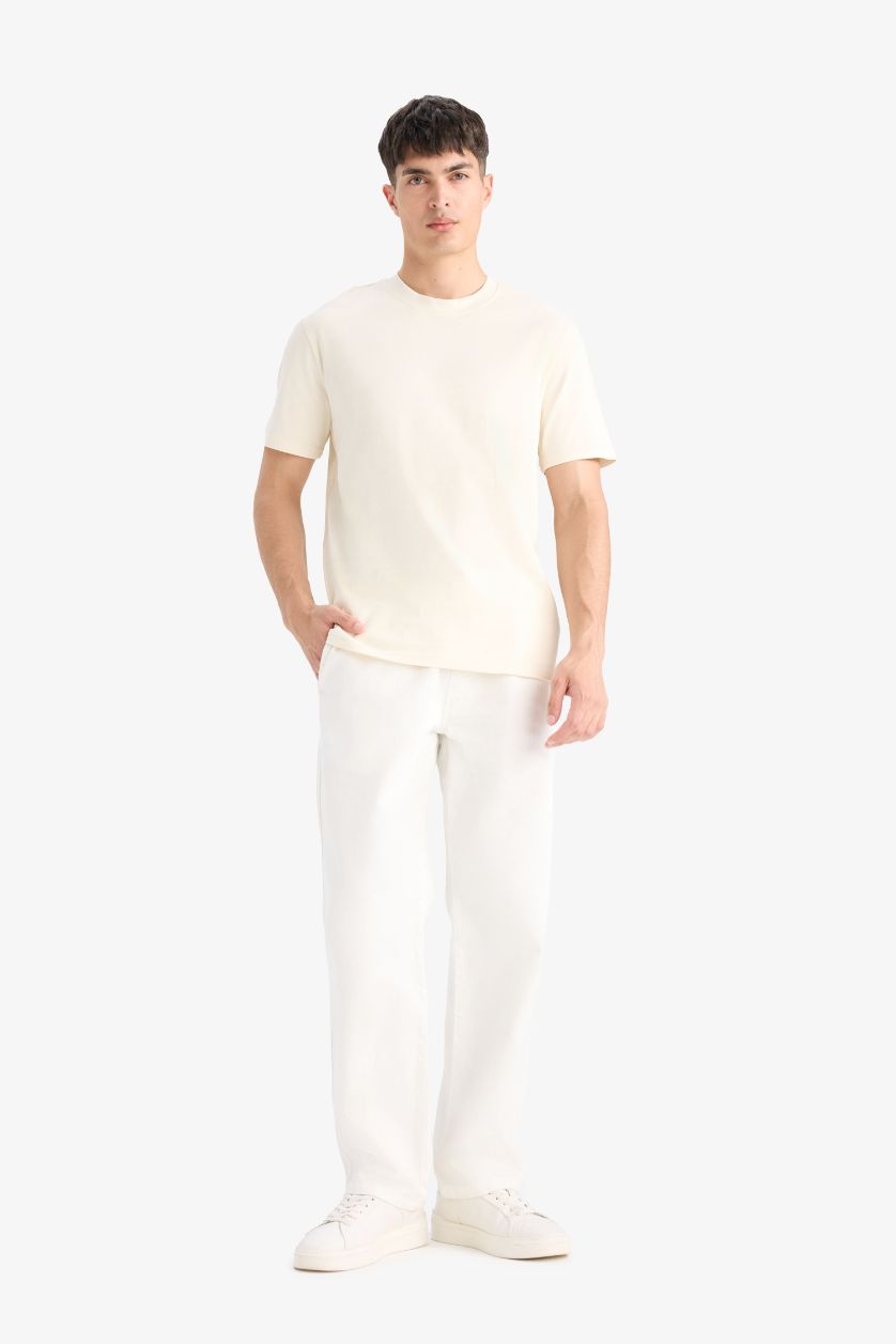Erkek Ekru %100 Pamuk Basic Tişört
