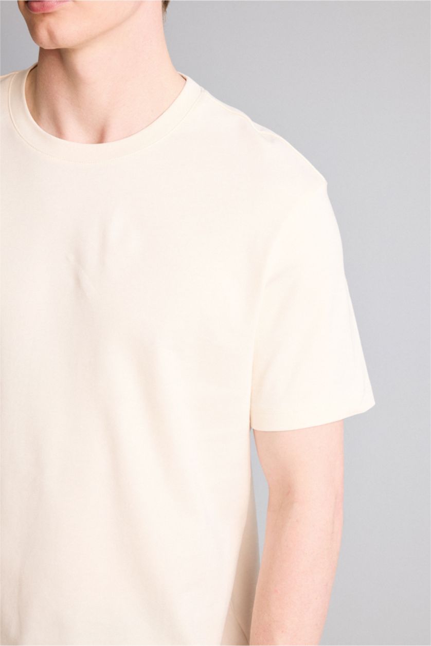 Erkek Ekru %100 Pamuk Basic Tişört