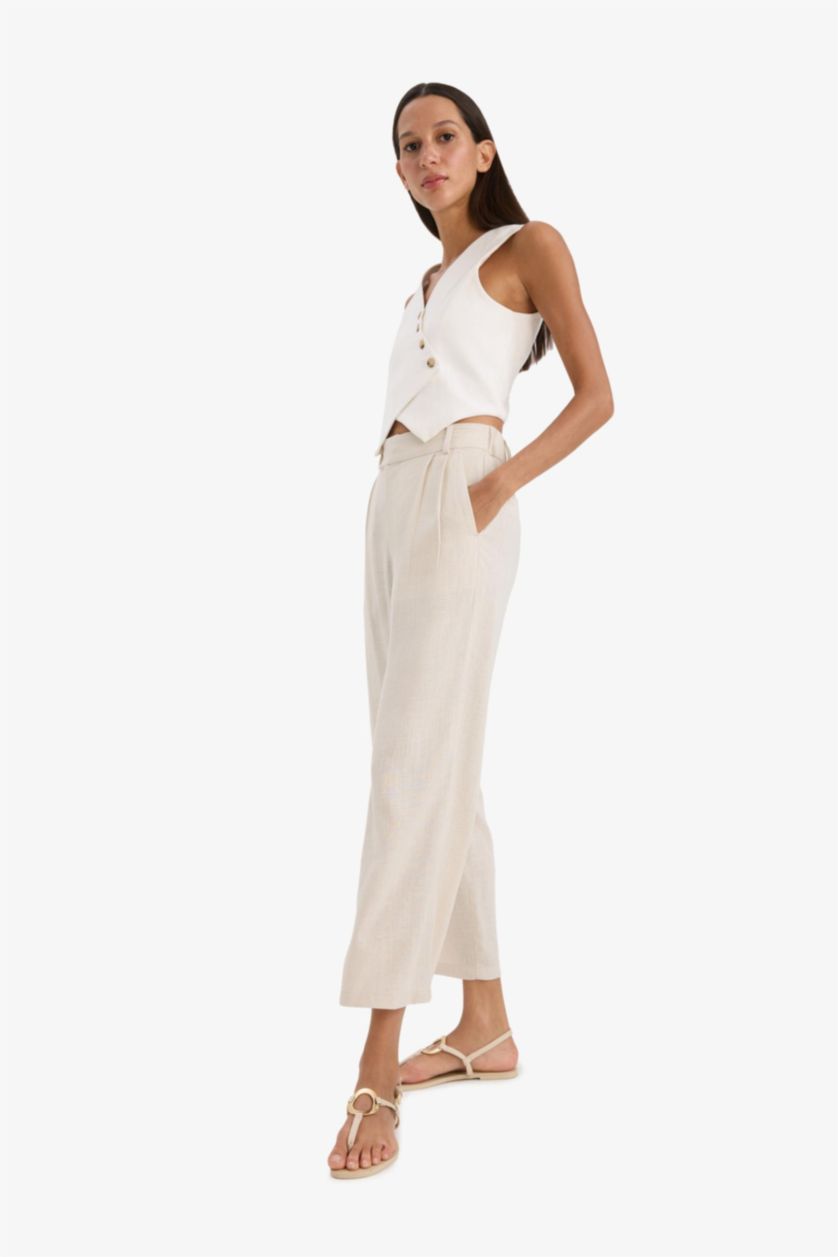 WOMAN Beige Culotte High Waist Linen Blend Crop Trousers