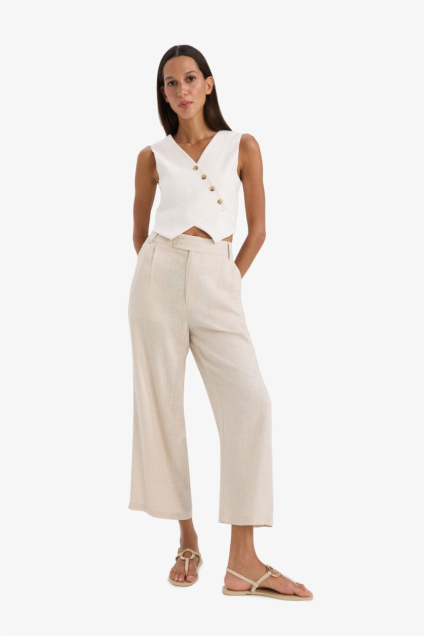 WOMAN Beige Culotte High Waist Linen Blend Crop Trousers