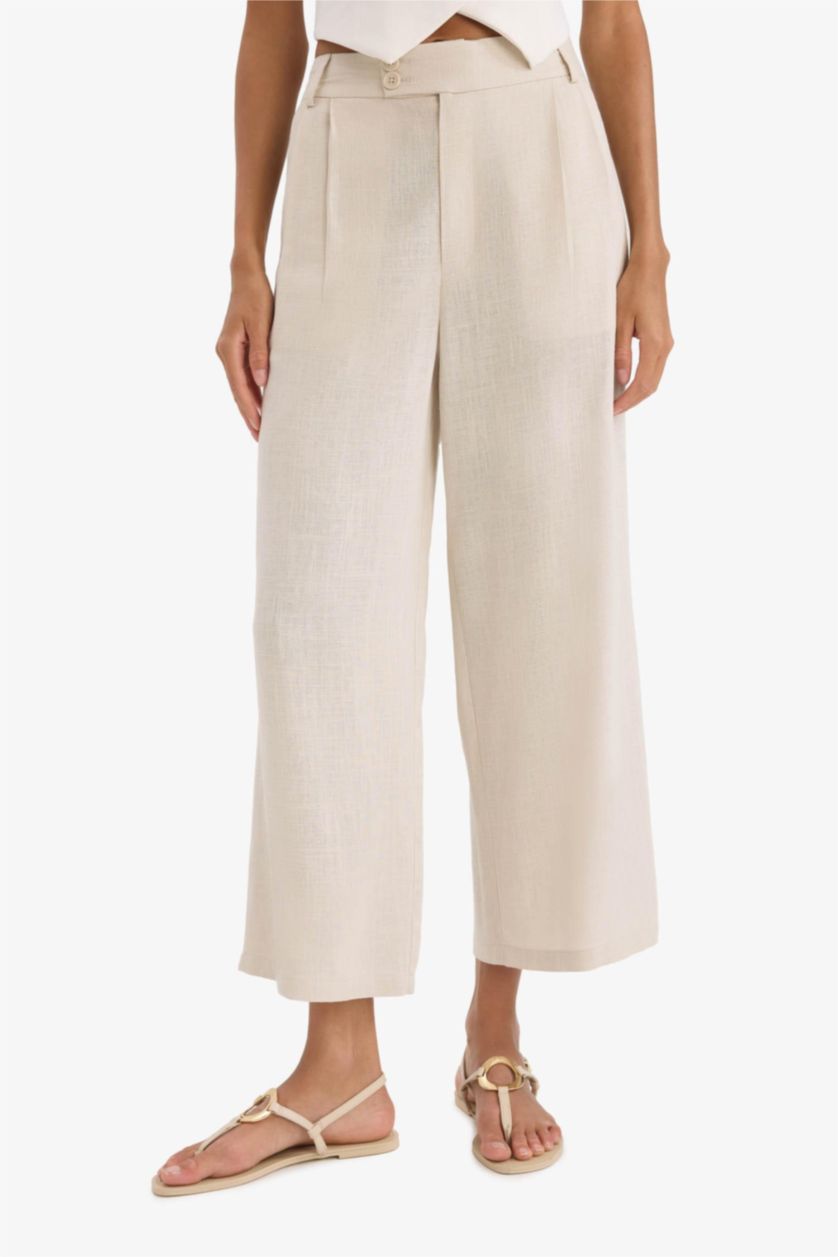 WOMAN Beige Culotte High Waist Linen Blend Crop Trousers