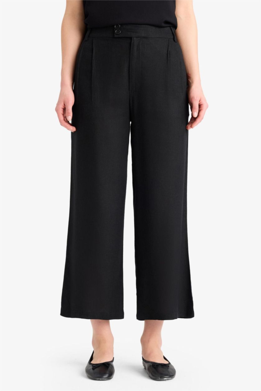 WOMAN Black Culotte High Waist Linen Blend Crop Trousers
