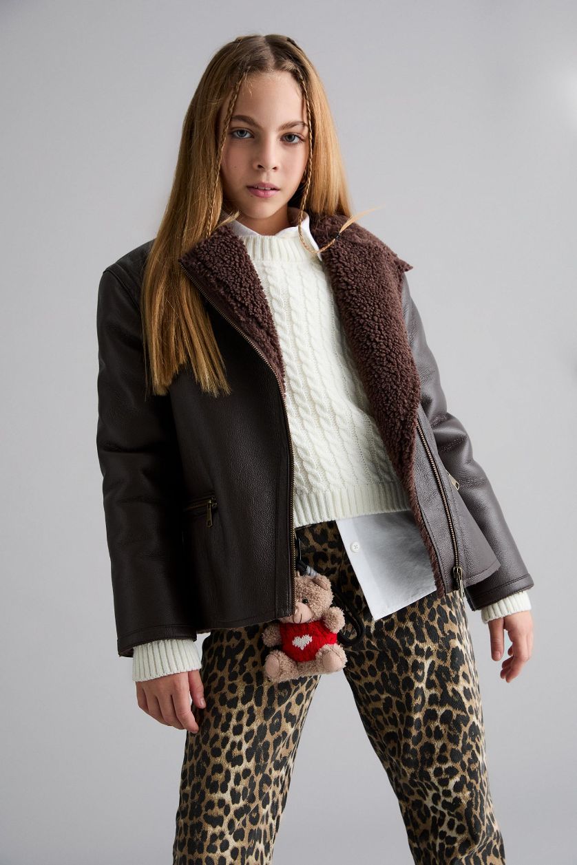 Girls & Teens Brown Girl Plush Lined With Pockets Zippered Hooded Jacket