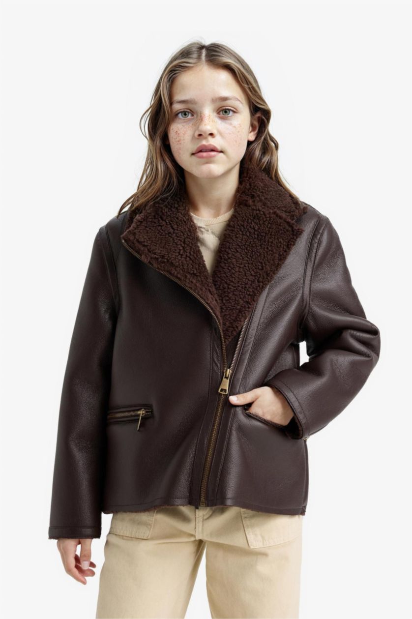 Girls & Teens Brown Girl Plush Lined With Pockets Zippered Hooded Jacket