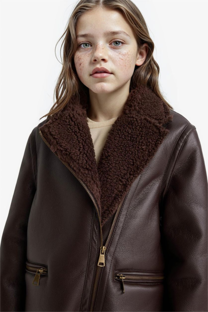 Girls & Teens Brown Girl Plush Lined With Pockets Zippered Hooded Jacket