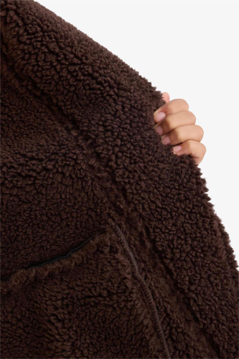 Girls & Teens Brown Girl Plush Lined With Pockets Zippered Hooded Jacket