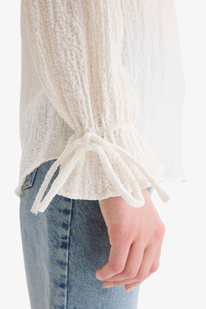 نساء اوف وايت بلوزة تونيكة كم طويل من قماش منسوج