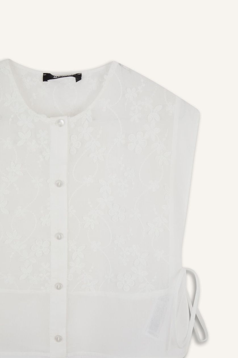 Kadın Beyaz Bisiklet Yaka Bağcıklı Brode Blazer Yelek