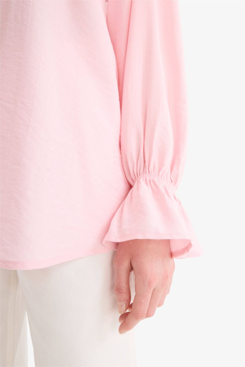 Woman Light Pink Crinkle Fabric Long Sleeve Tunic