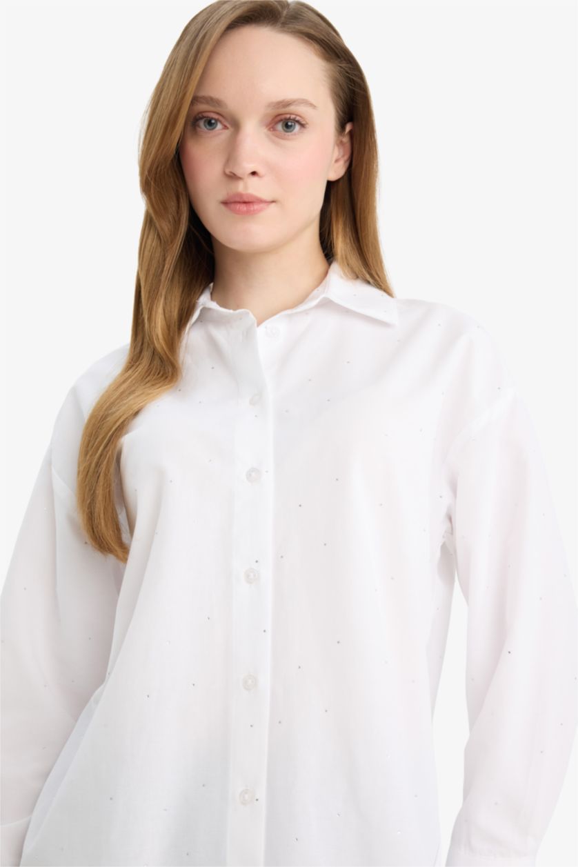 WOMAN White Relax Fit Poplin Shirt Collar Long Sleeve Tunic