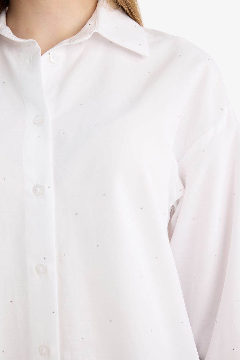 WOMAN White Relax Fit Poplin Shirt Collar Long Sleeve Tunic