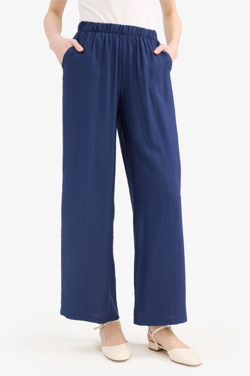 Kadın Lacivert Wide Leg Krinkıl Kumaş Geniş Paça Palazzo Pantolon