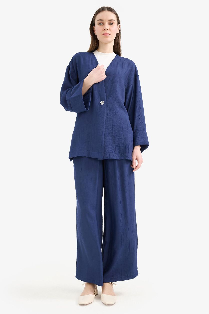 WOMAN NAVY Wide Leg Crinkle Fabric Trousers