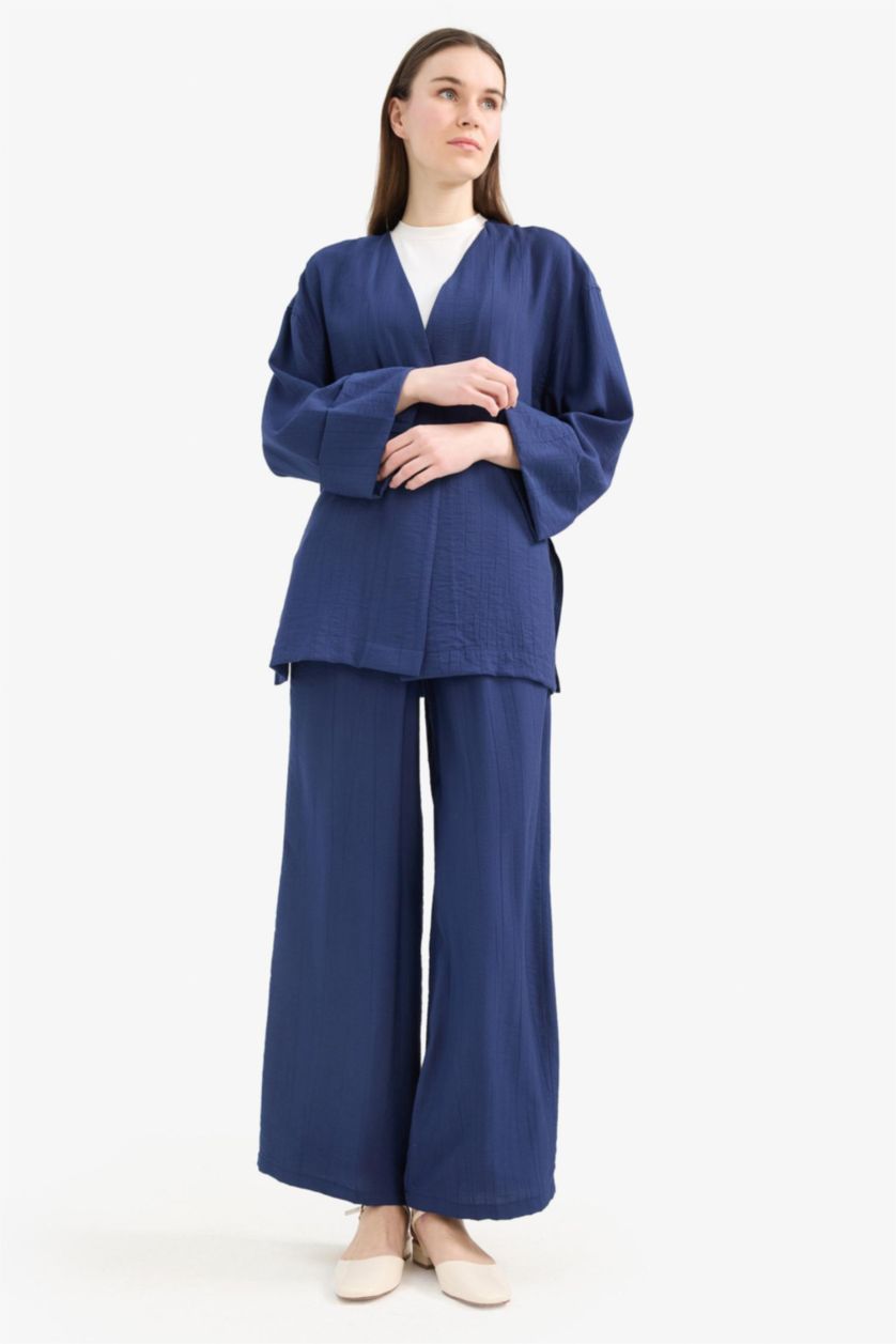 Kadın Lacivert Wide Leg Krinkıl Kumaş Geniş Paça Palazzo Pantolon