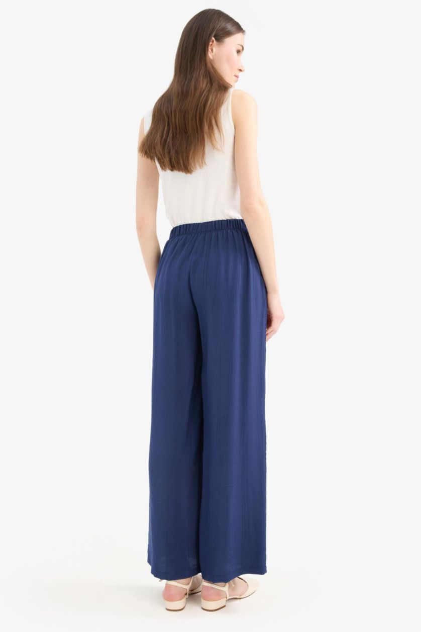 WOMAN NAVY Wide Leg Crinkle Fabric Trousers