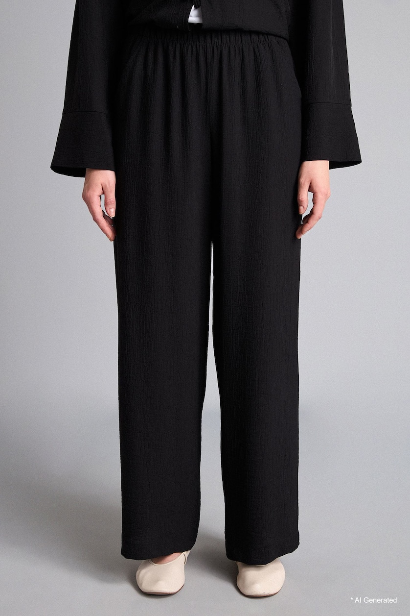 WOMAN Black Wide Leg Crinkle Fabric Trousers