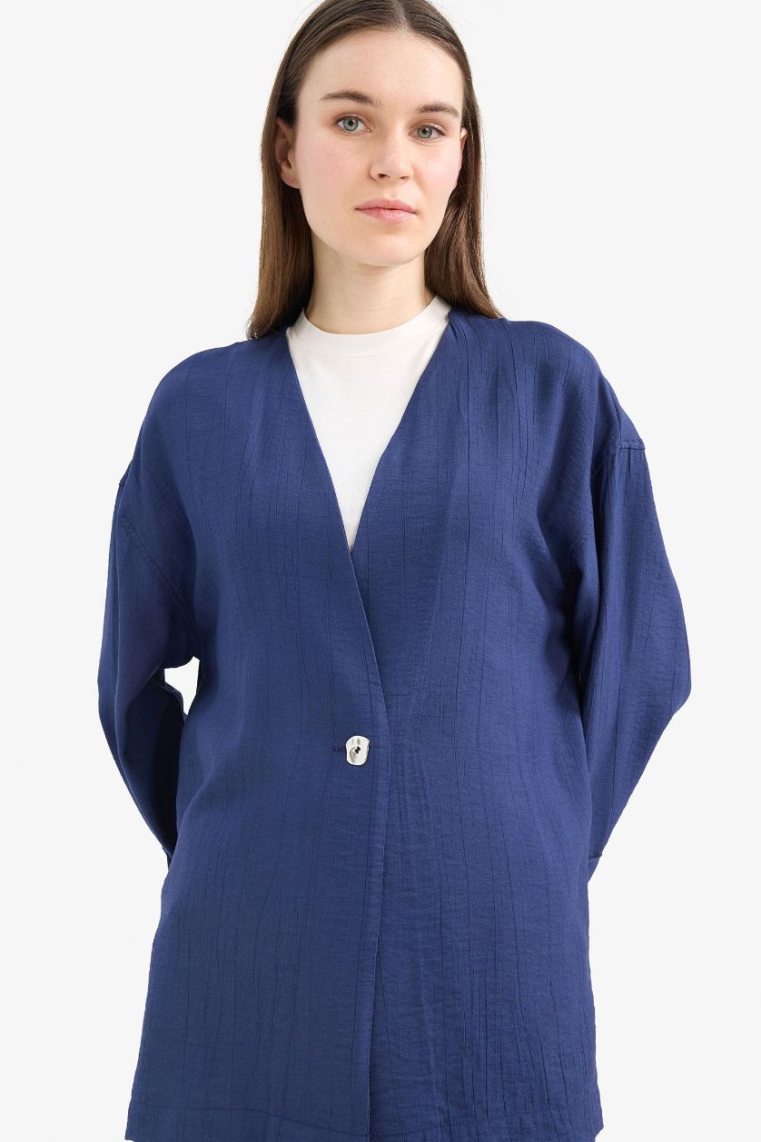 Woman NAVY Relax Fit Crinkle Fabric V-Neck Long Sleeve Tunic