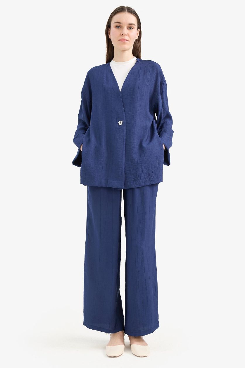 Woman NAVY Relax Fit Crinkle Fabric V-Neck Long Sleeve Tunic