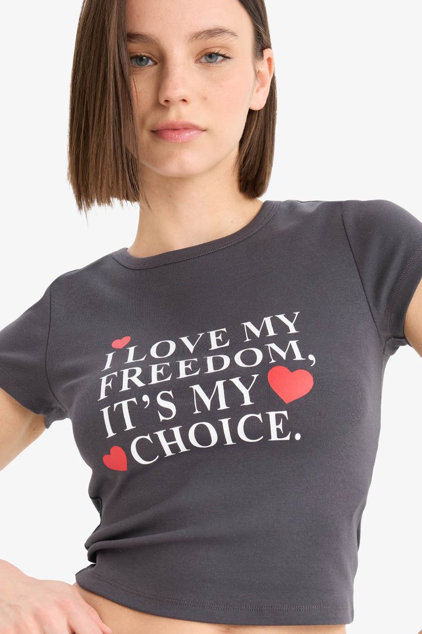 Woman Anthracite Fitted Crew Neck Printed Ribbon T-Shirt