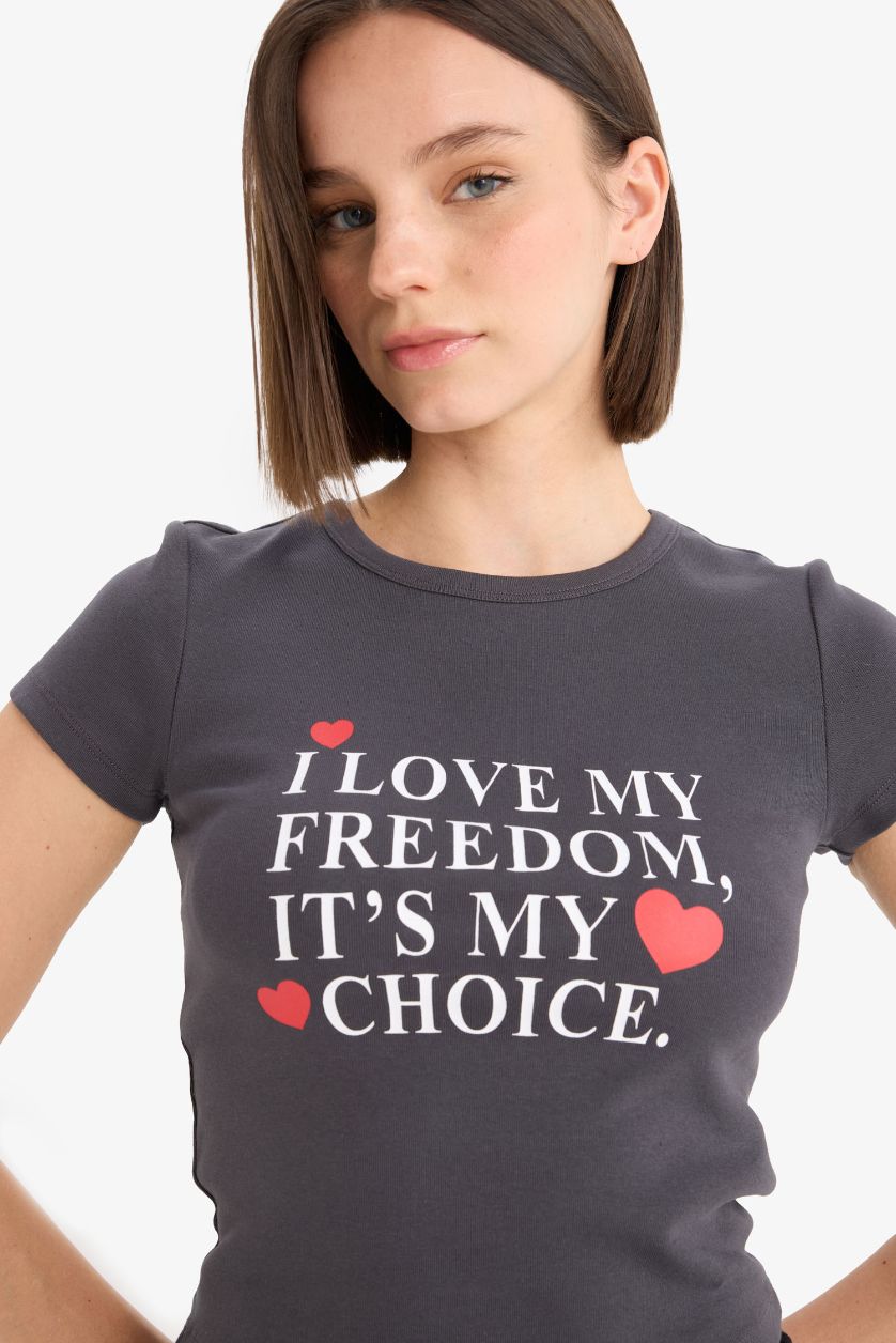 Woman Anthracite Fitted Crew Neck Printed Ribbon T-Shirt