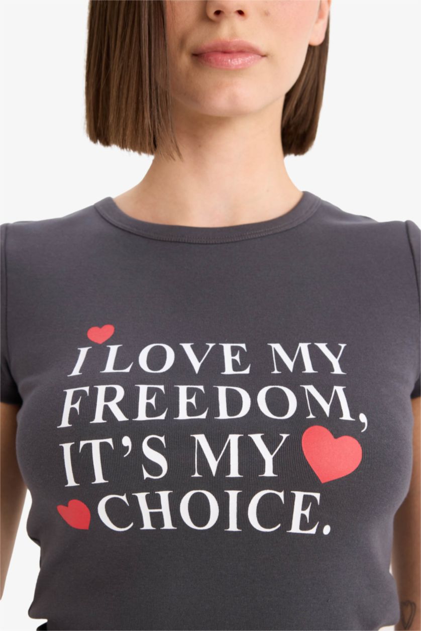 Woman Anthracite Fitted Crew Neck Printed Ribbon T-Shirt