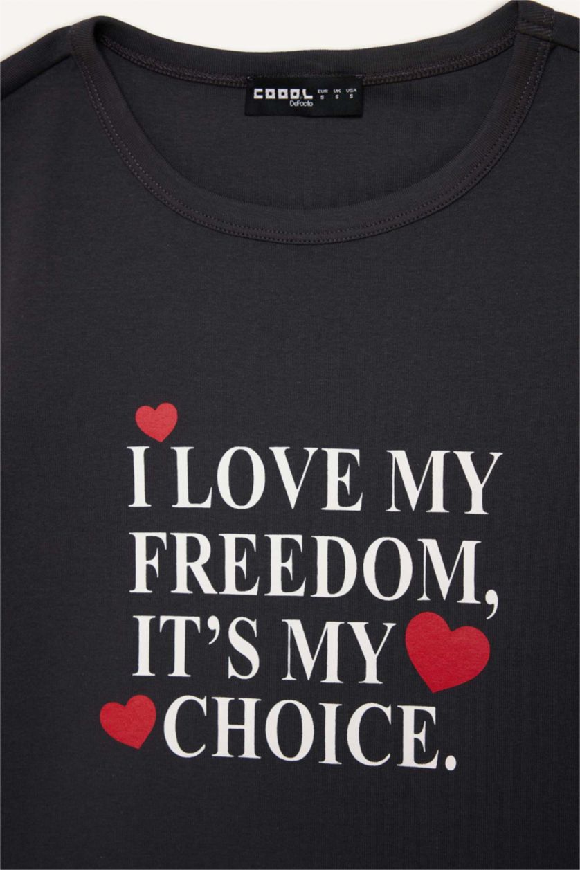 Woman Anthracite Fitted Crew Neck Printed Ribbon T-Shirt