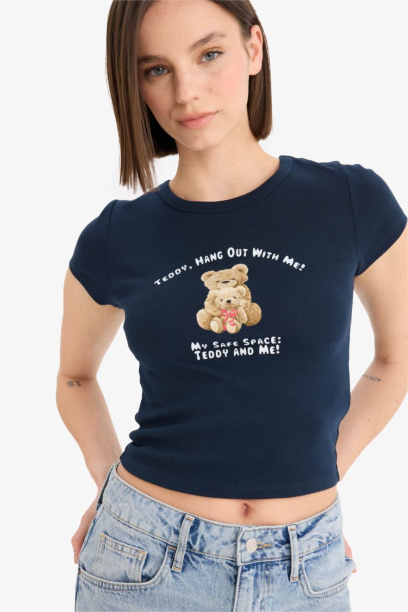 Woman NAVY Fitted Crew Neck Photo Printed Ribbed T-Shirt